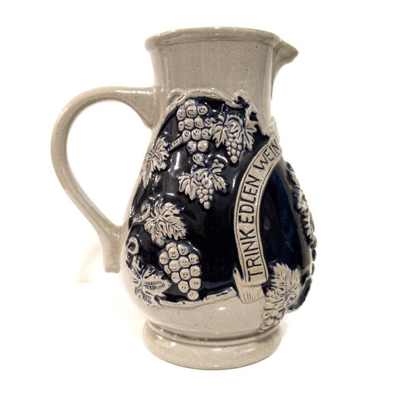 Vintage German Stoneware Wine Jug Embossed Grapes & Vine Leaves Kitchen Decor - Picture 1 of 5